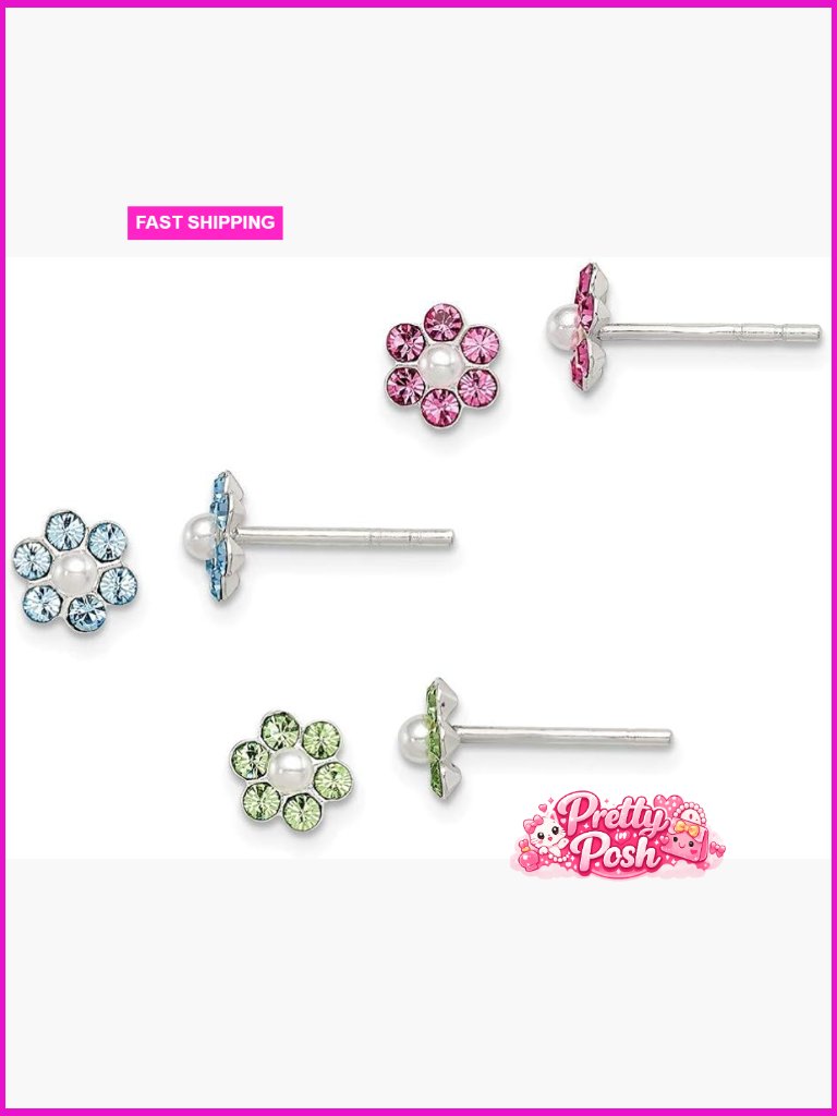 925 Sterling Silver Stellux Crystal Fw Cultured Pearl Post Flower 3pc Set Ear